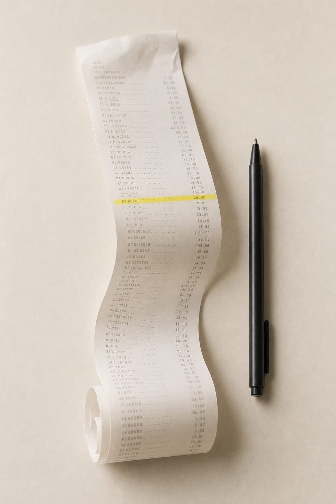A long till receipt curling on warm paper, one row marked in yellow.
